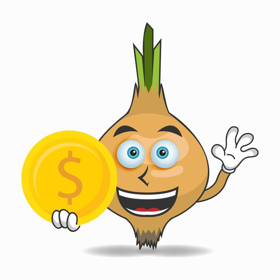 personaje de mascota de cebolla sosteniendo monedas. ilustración vectorial vector