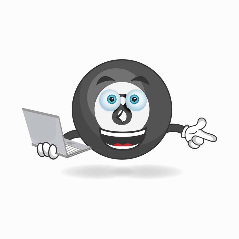 Billiard ball mascot character with laptop in right hand. vector illustration