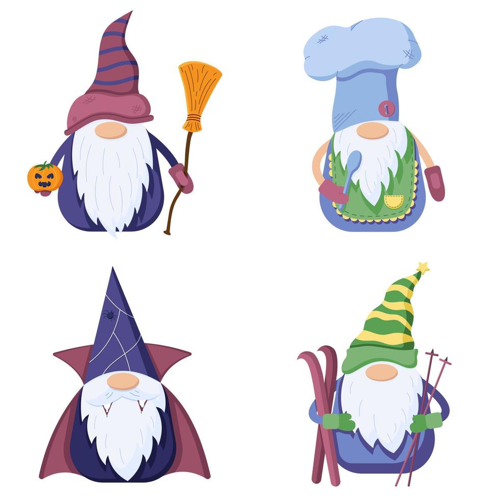 conjunto de un poco de gnomos en un estilo plano, vampiro, cocinero, halloween y enanos de carácter esquiador aislados en un fondo blanco. vector