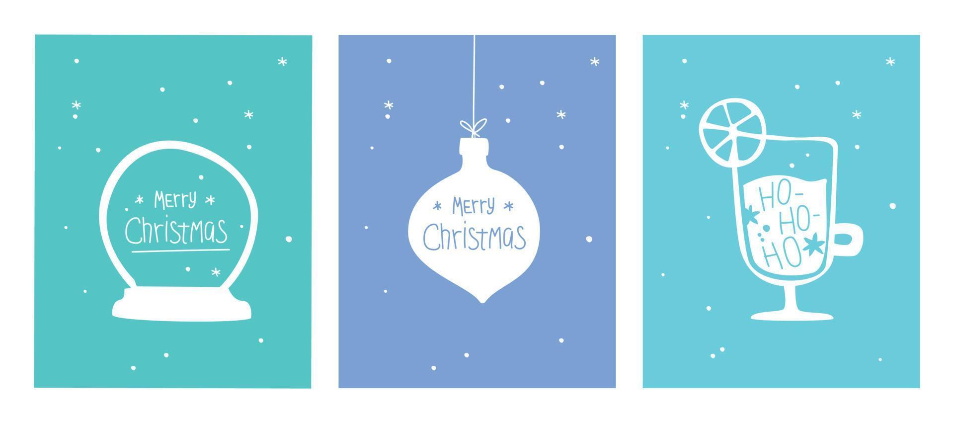 Merry Christmas postcard set. Xmas Poster with baubles, snow globe and hot wine. new year greetings card in doodle style. vector