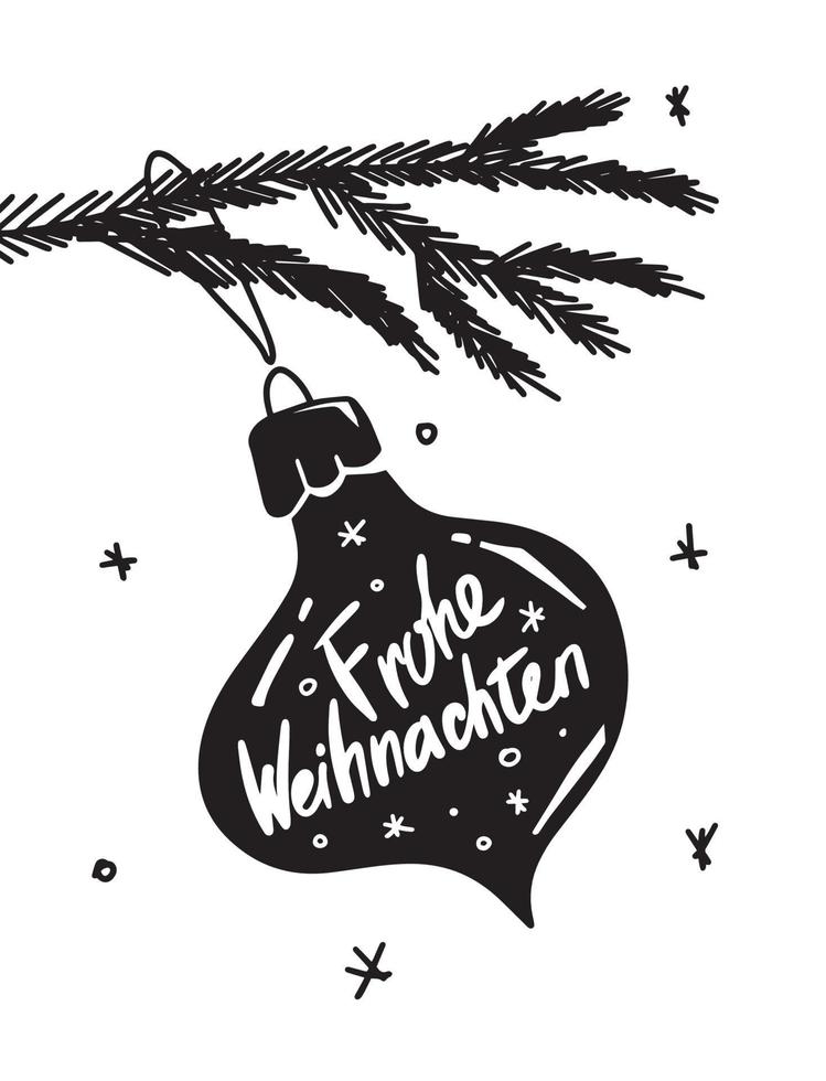 Feliz Navidad postal de letras alemanas. decoración del árbol de navidad con letras de tinta. cartel de frohe weihnachten. vector