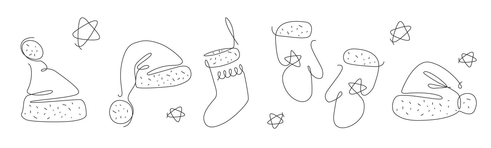 Christmas Elements one line. Santa clothes line art. xmas mitten and socks continuous line. outline winter outfit. vector