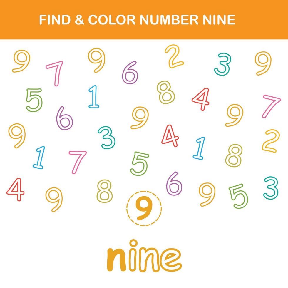 Find and color number printable Pre-K worksheet vector