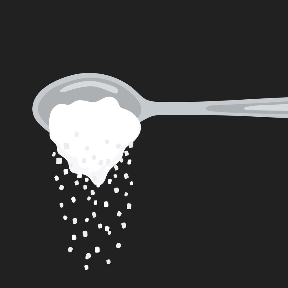 Pouring sugar spoon full of powder crystals of salt or sugar vector illustration.