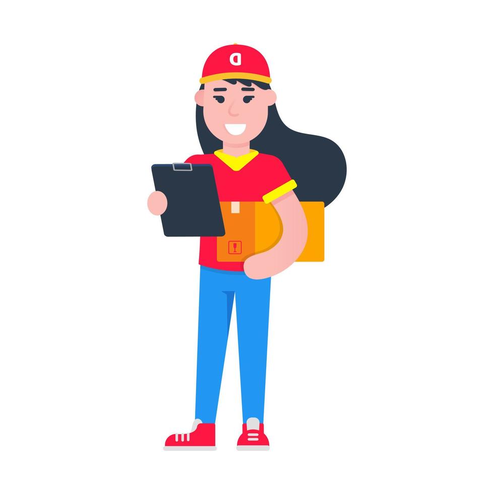 Fast delivery girl character flat style design vector illustration. Delivery woman with the box in her hands. Symbol of delivery company. Fast and free.
