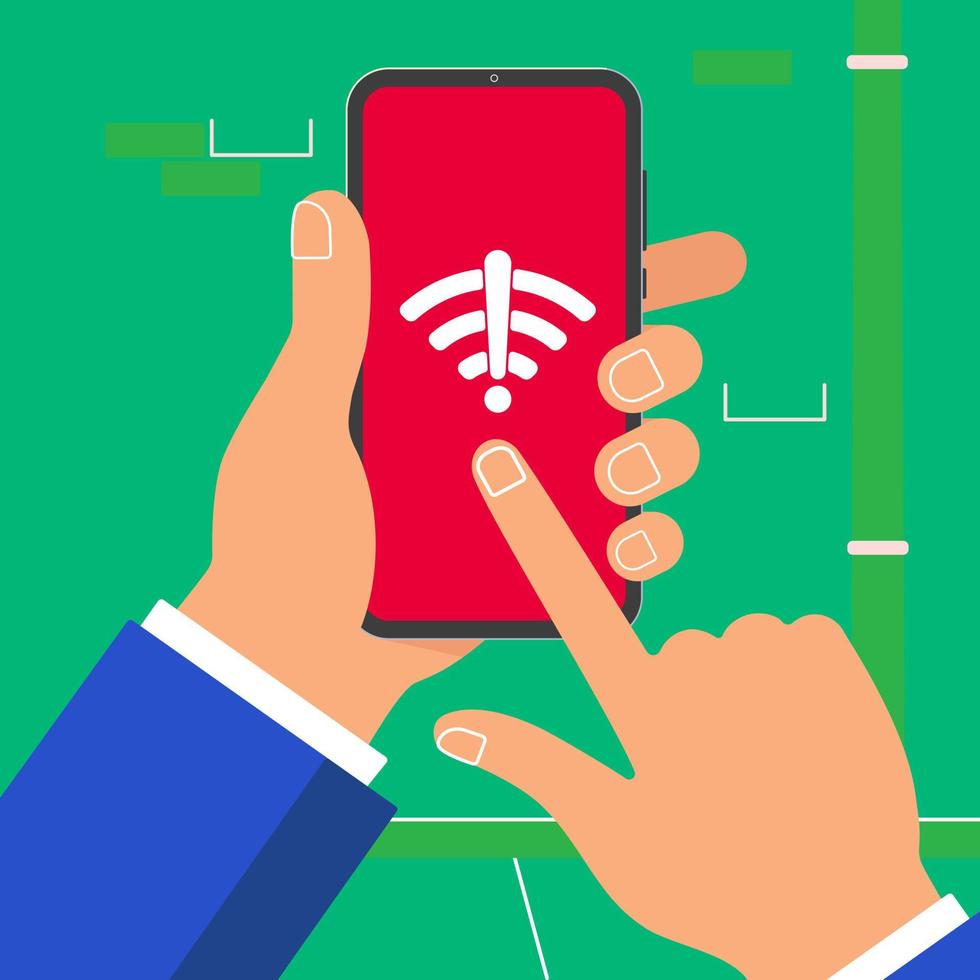 Hand holding black mobile phone isolated on wall background. Smartphone on human's hand with no wifi or free wi-fi symbol sign and index finger pointer touch screen flat design vector illustration