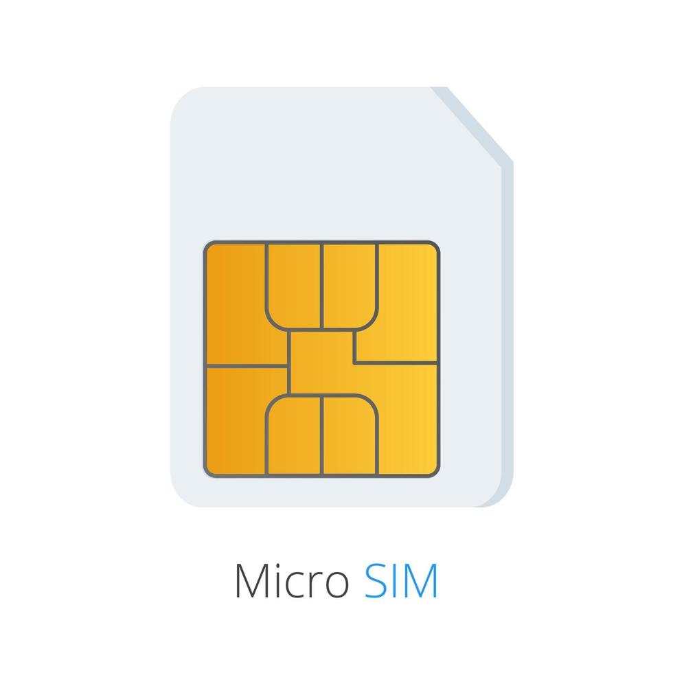 Signo de icono de diseño de estilo plano micro sim para ilustración de vector de teléfono inteligente o celular aislado sobre fondo blanco. tarjeta SIM con símbolo de chip.