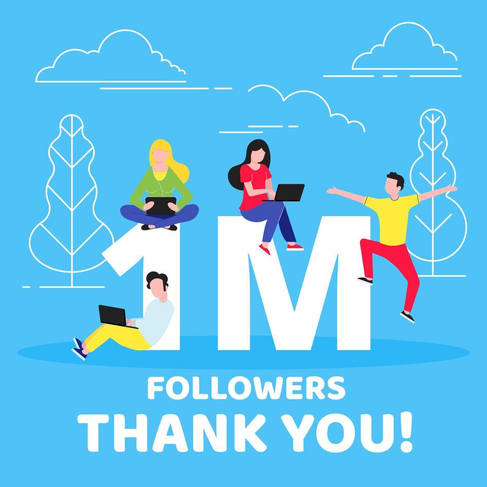 Thank you million followers numbers postcard. People man, woman big numbers flat style design 1m thanks vector illustration isolated on blue background. Template for internet media and social network.