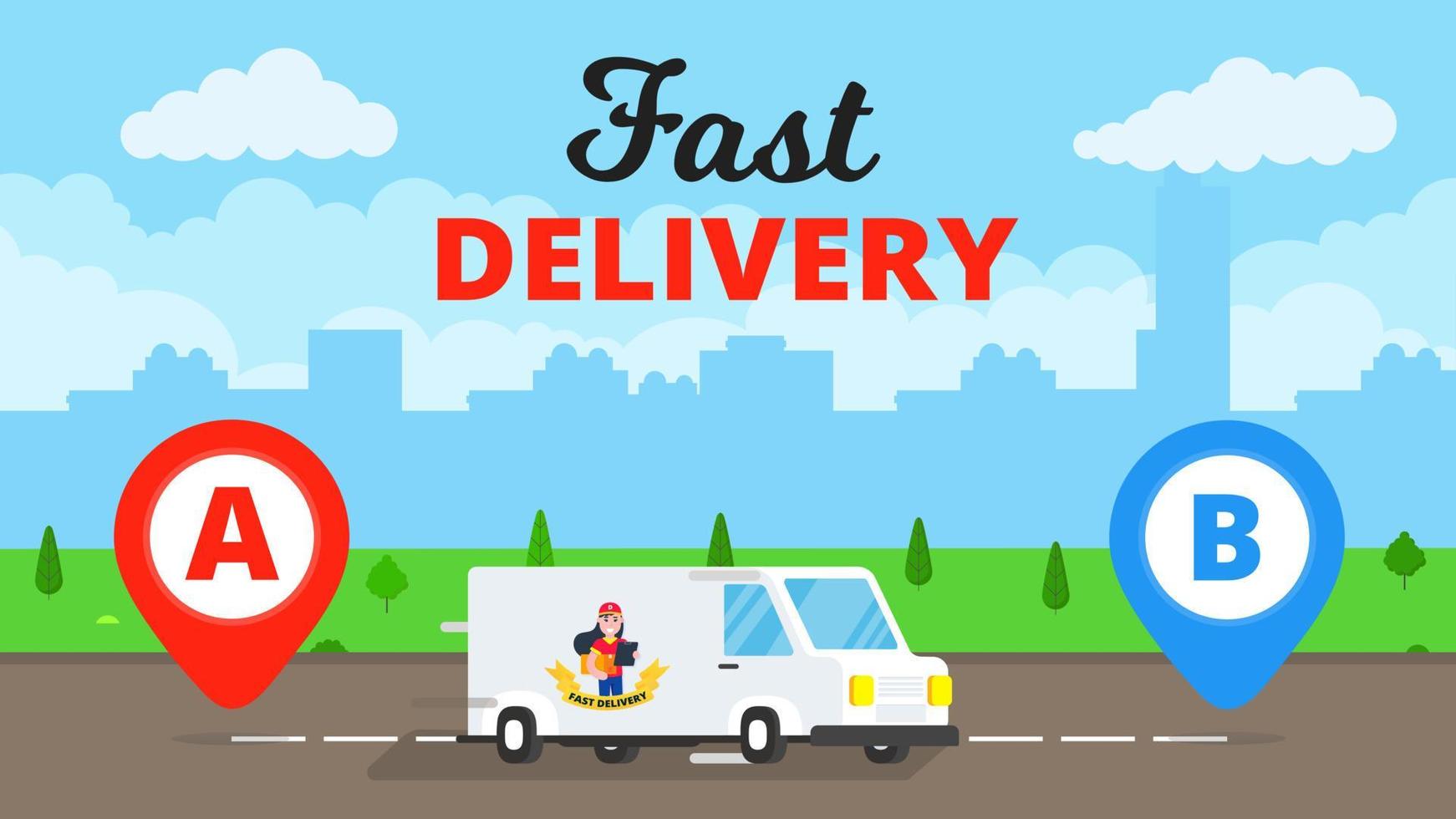 Fast delivery truck service on the road. Car van with landscape behind flat style design and map pins A and B vector illustration isolated on light blue background.  Symbol of delivery company.