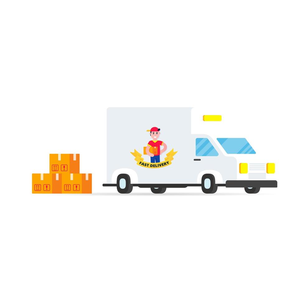 Fast red delivery vehicle car van and boy character and boxes flat style design vector illustration isolated on white background.  Symbol of delivery company.