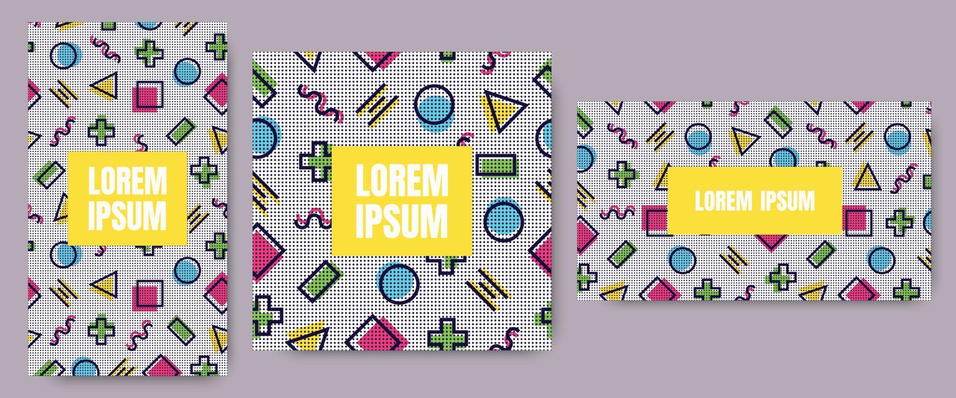 3 Geometric background with geometric line shapes pattern with trendy Memphis fashion style 80s-90s template in colorful vibrant colors isolated on white background set vector