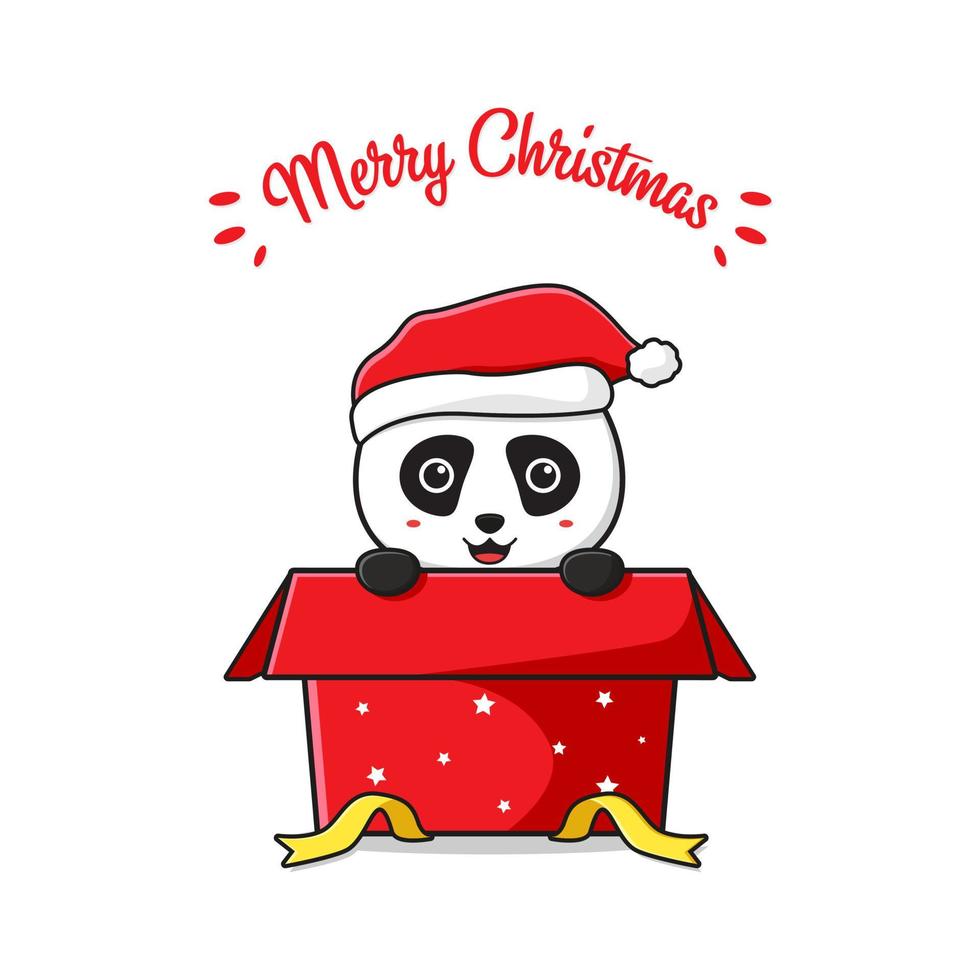 lindo panda en la caja saludando feliz navidad dibujos animados doodle tarjeta ilustración de fondo vector