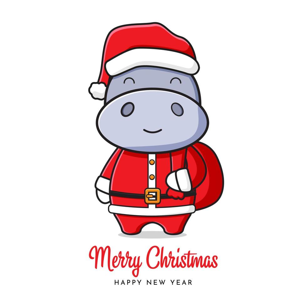 lindo hipopótamo saludo de santa feliz navidad y feliz año nuevo dibujos animados doodle tarjeta ilustración de fondo vector