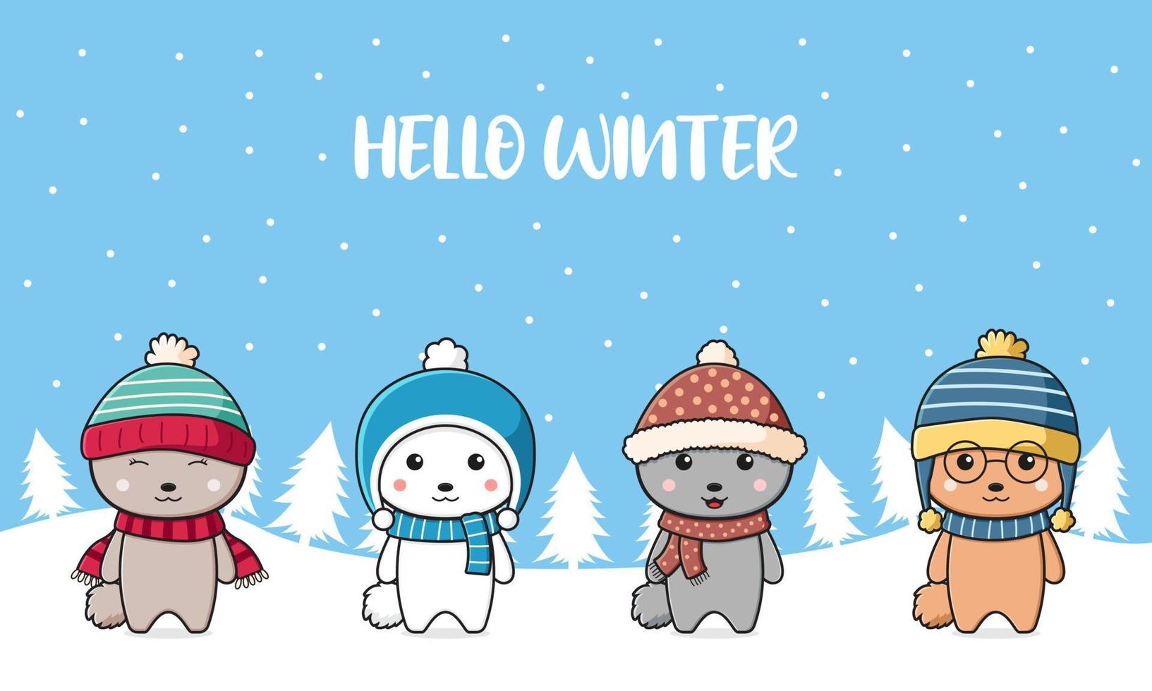 Cute rabbit family greeting hello winter cartoon doodle card background illustration vector