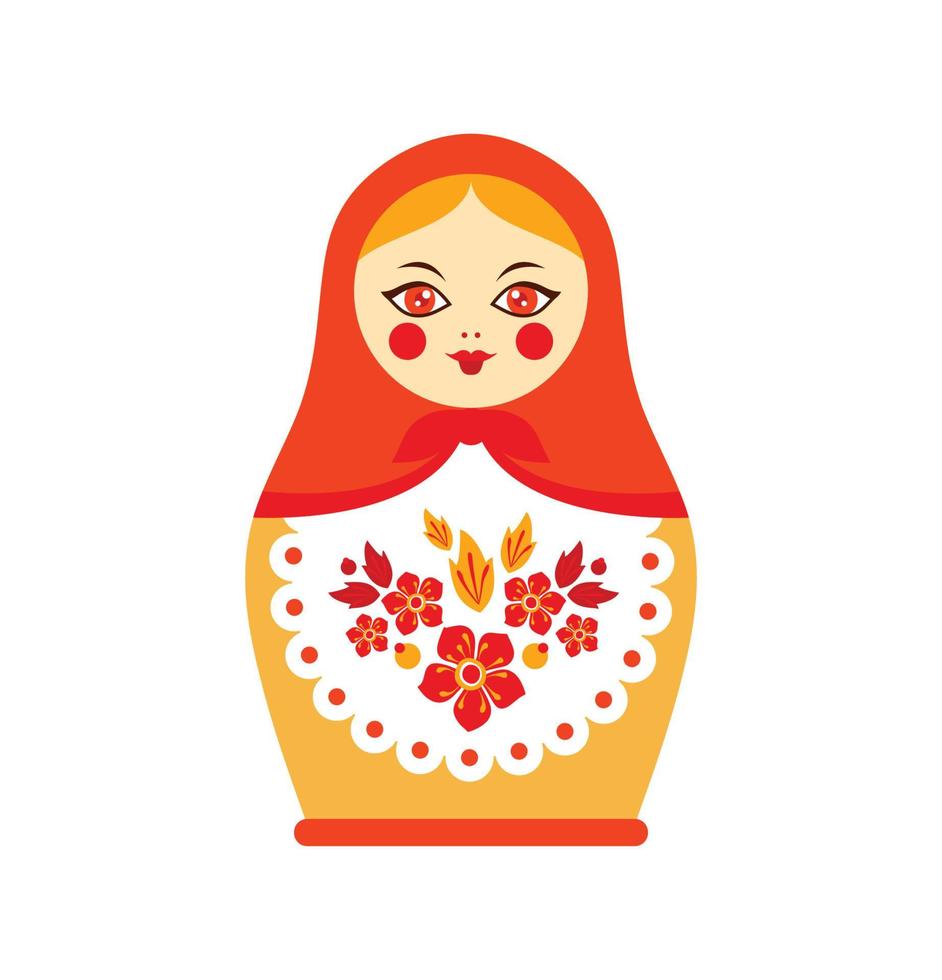 Babushka-matryoshka, traditional Russian wooden nesting doll decorated by painted flowers Folk arts and crafts Vector illustration in cartoon style on white background Nice Retro Souvenir from Russia