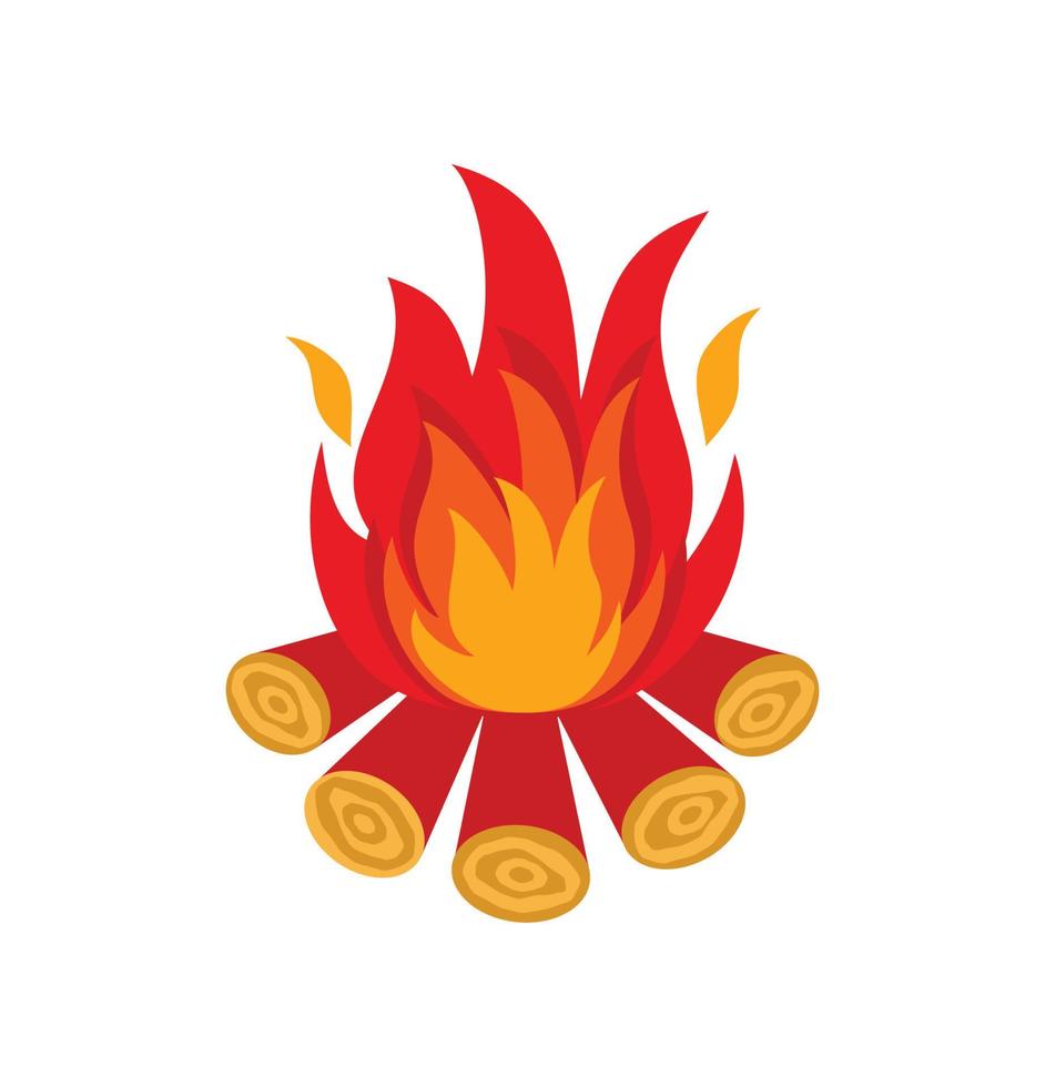 Vector illustration of burning bonfire with wood on white background, flat icon of fire.