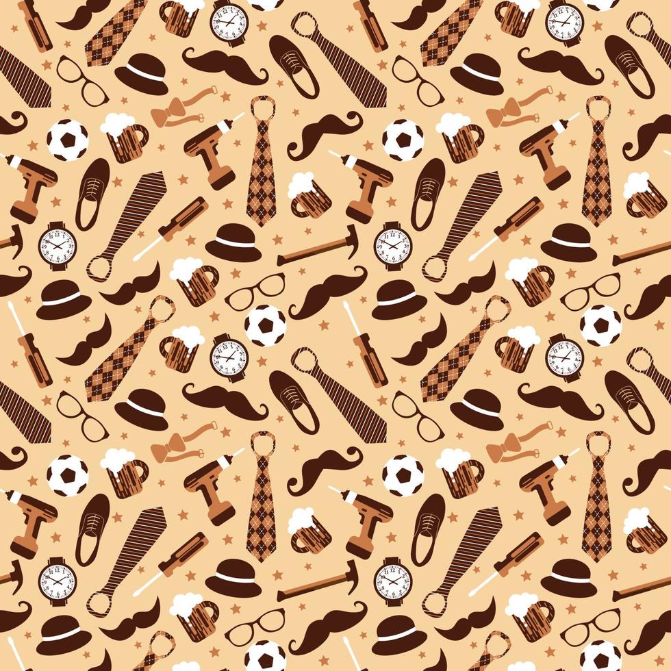 Seamless pattern of Fathers day. Flat set icons on beige background. vector