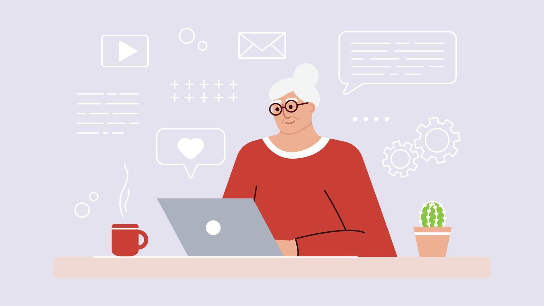 Senior woman studies and studies modern technologies using a laptop. A positive smiling grandmother sits at a computer, communicates on the Internet online and learns new things. An adult is working. vector