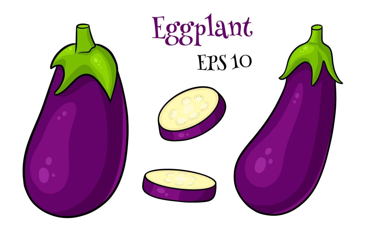 Eggplant set. Whole eggplant and cut wedges. vector