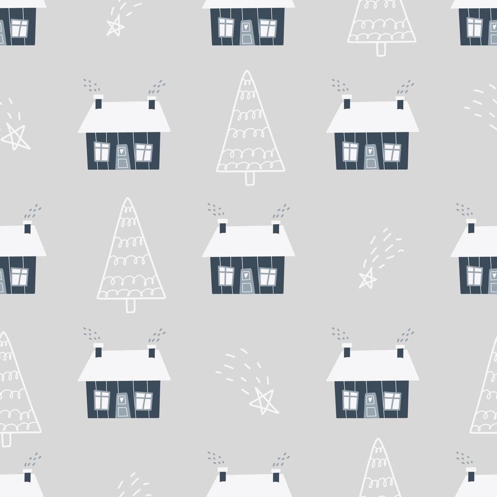 Christmas and New Year symbols with winter house and Christmas trees scandinavian hand drawn seamless pattern. Vector cute print. Digital paper. Design element