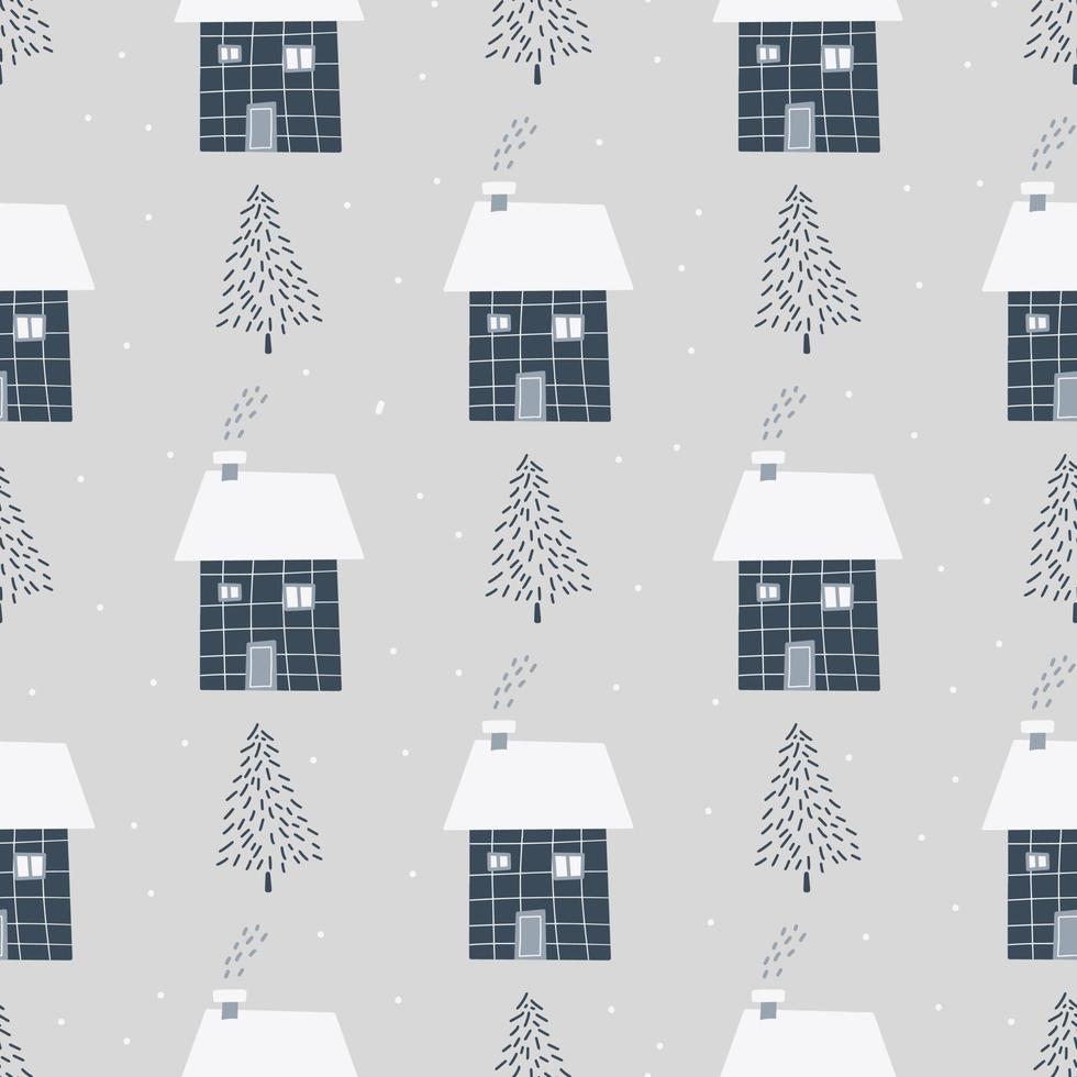 Christmas and New Year symbols with winter house and Christmas trees scandinavian hand drawn seamless pattern. Vector cute print. Digital paper. Design element