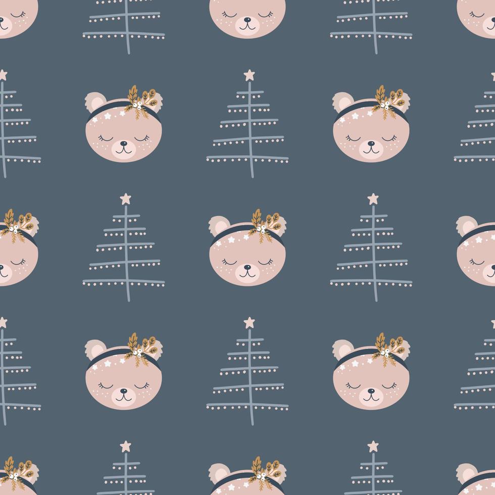 Christmas pattern with animals scandinavian hand drawn seamless pattern. New Year, Christmas, holidays texture for print, paper, design, fabric, background. Vector illustration
