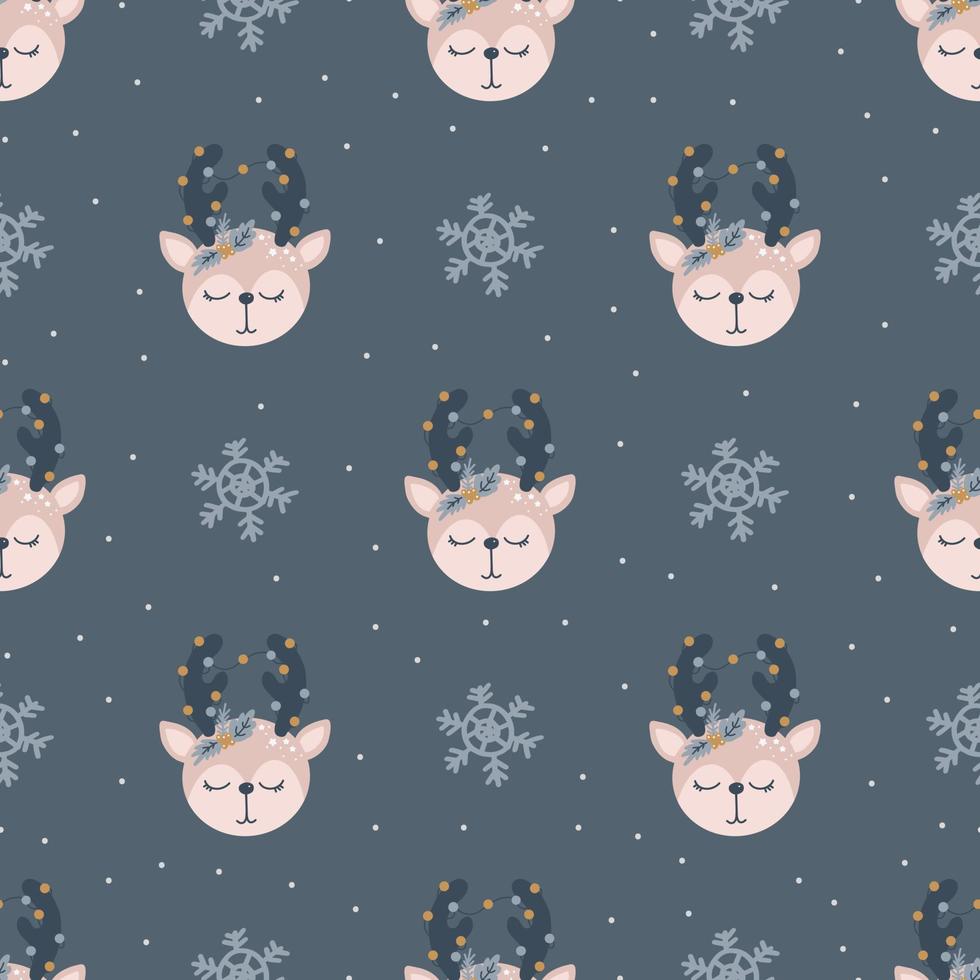 Christmas and New Year symbols deer scandinavian hand drawn seamless pattern. Vector cute print. Digital paper. Design element