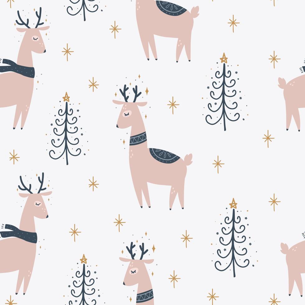 símbolos de Navidad y año nuevo árbol y ciervo escandinavo dibujado a mano de patrones sin fisuras. impresión linda del vector. papel digital. elemento de diseño vector