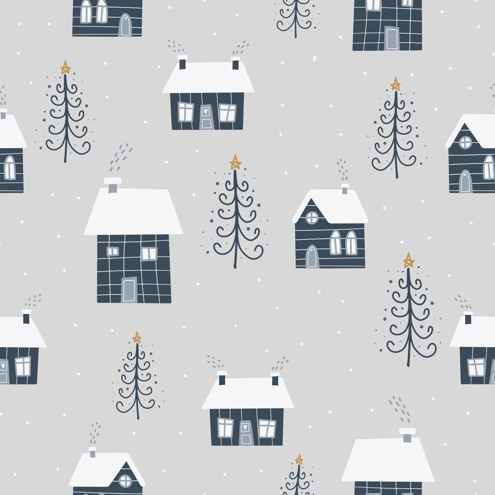Christmas and New Year symbols with winter house and Christmas trees scandinavian hand drawn seamless pattern. Vector cute print. Digital paper. Design element