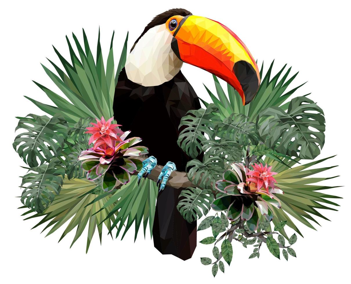 Ilustración poligonal de pájaro tucán con plantas amazónicas vector