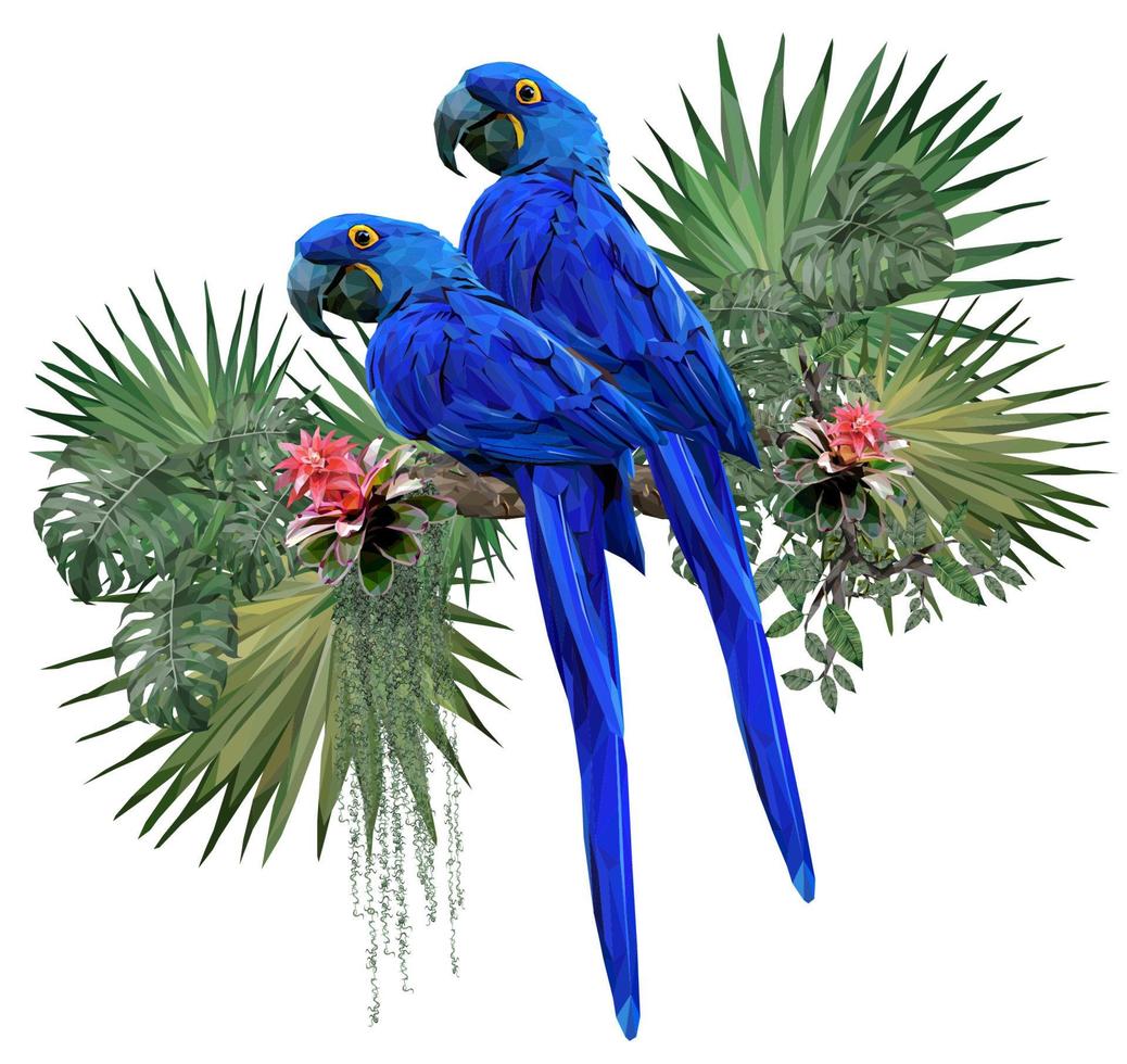 Polygonal illustration 2 Hyacinth macaws with Amazon plants vector