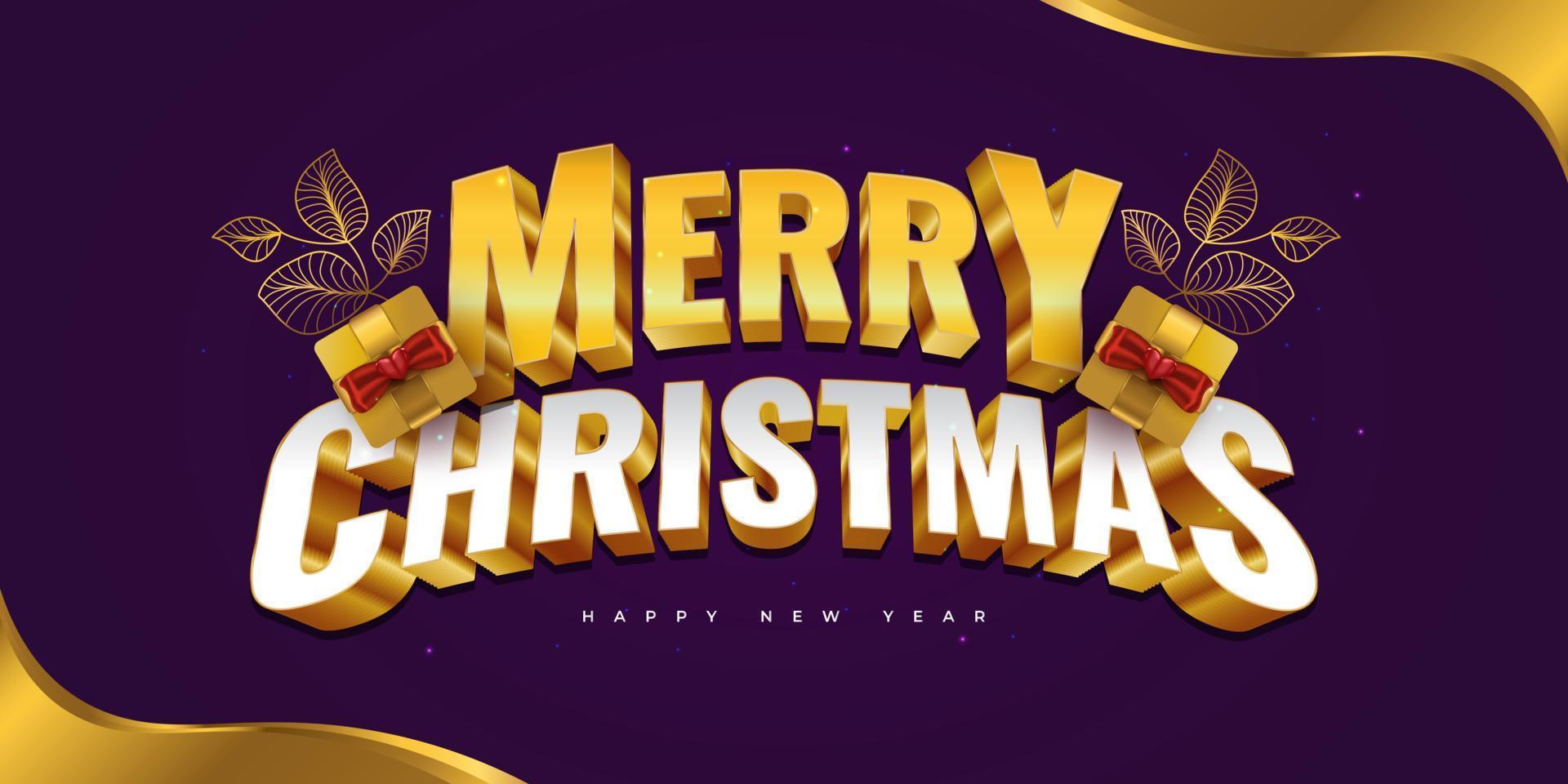 Merry Christmas and Happy New Year Banner or Poster with 3D Text and Gift Boxes on Gold and Purple Background vector