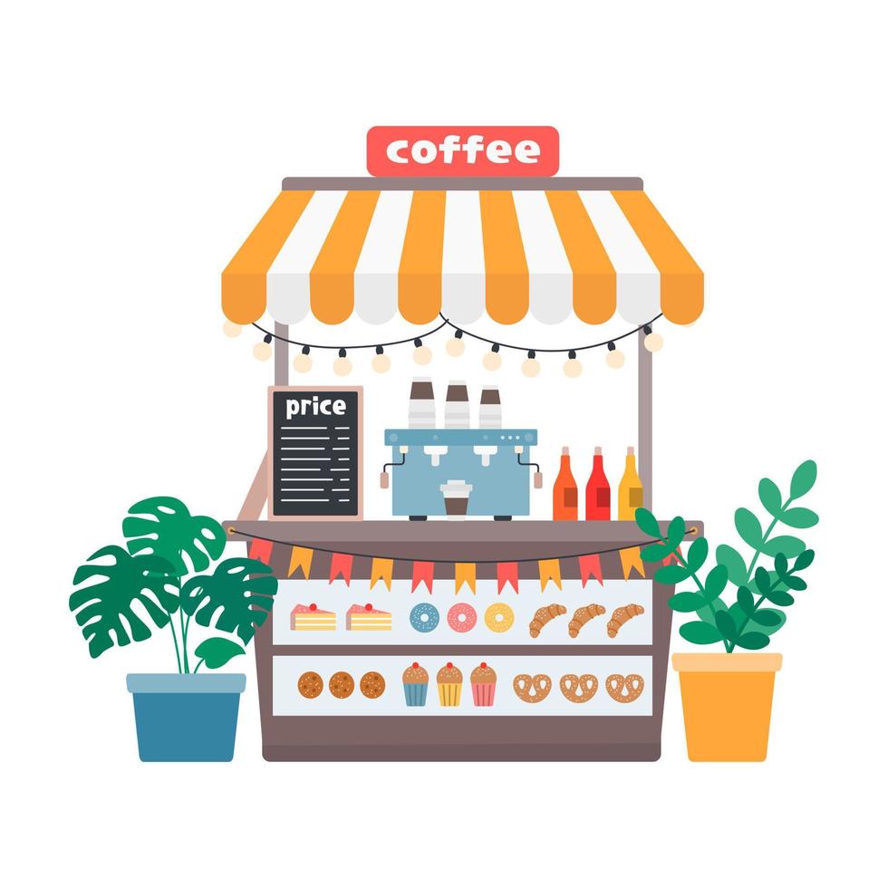Puesto de café, tienda de la calle con bebidas calientes y pasteles dulces, ilustración vectorial de estilo plano sobre fondo blanco. vector