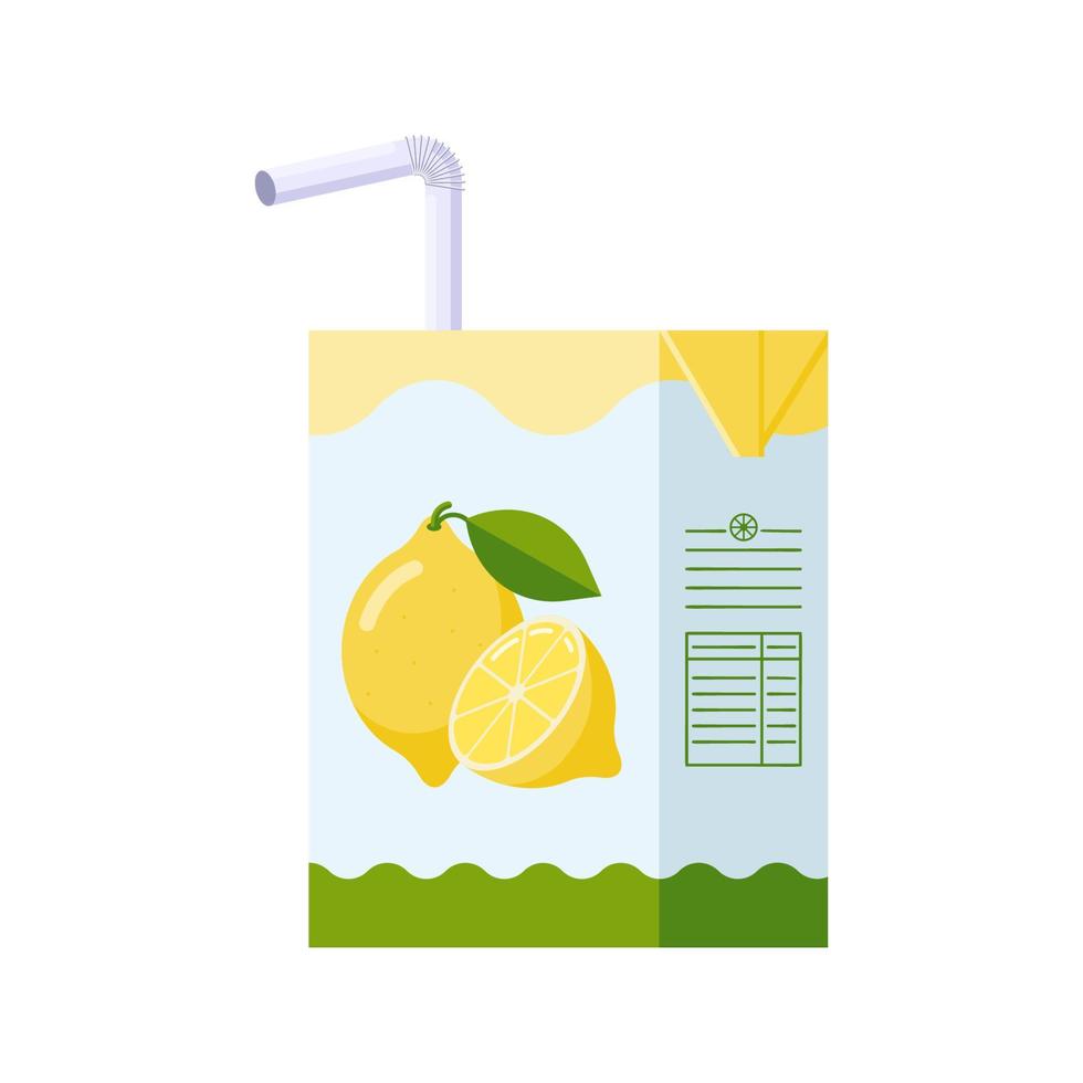 Lemon Juice Carton Box with Drinking Straw. Flat Style. Citrus drink