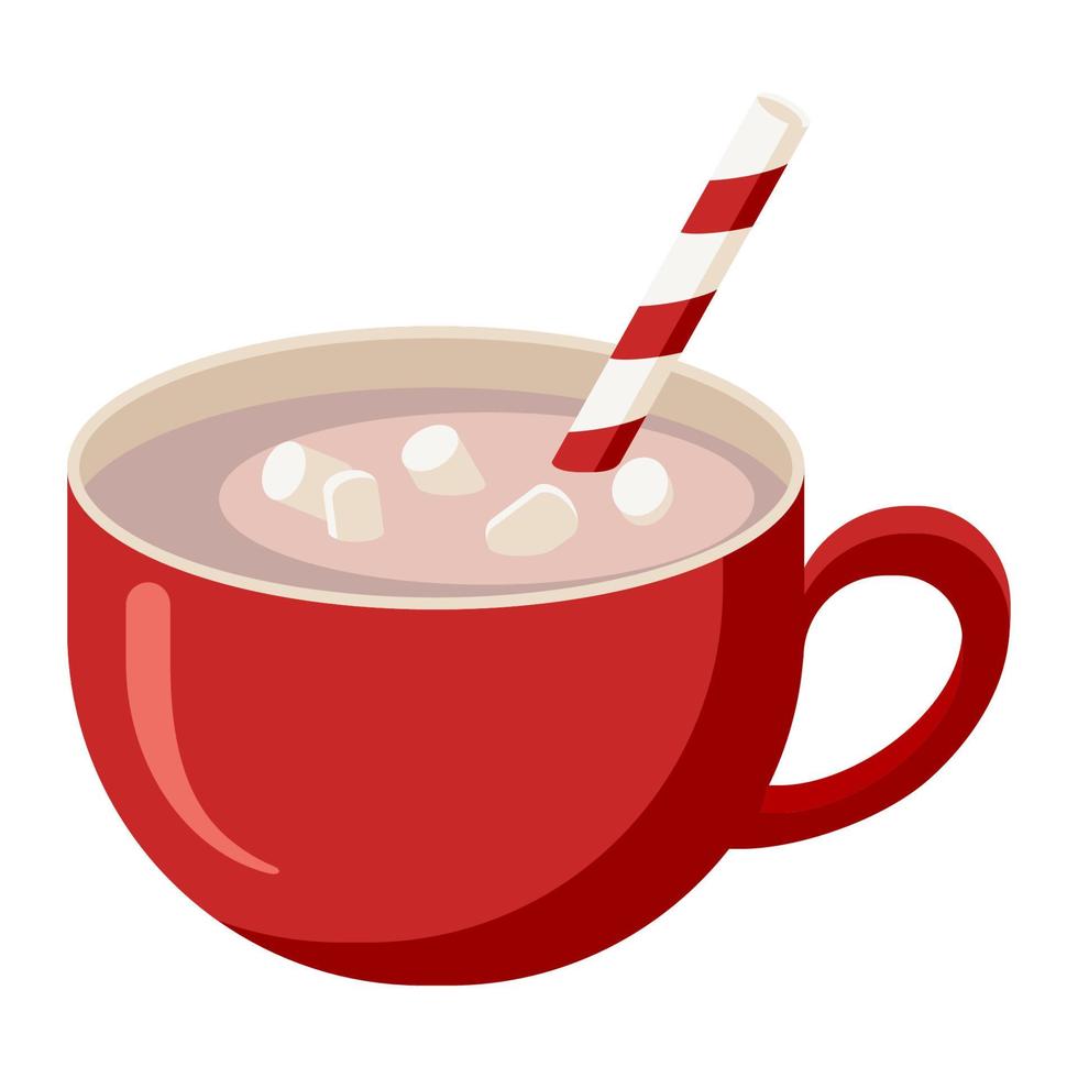 Mug of Cocoa with Marshmallows. Flat Style. Seasonal Winter Drink. Cup of Hot Chocolate with Straw icon for logo, sticker, print, recipe, menu , cafe decor and decoration vector