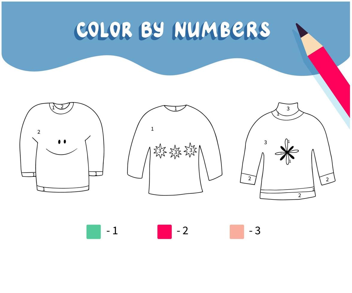 Coloring page with cute handdrawn sweaters. Color by numbers. Educational kids game, drawing childrens activity, printable worksheet. vector