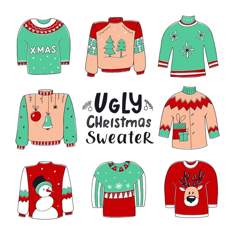 Hand drawn Ugly Sweater set. Collection of colored winter sweaters for the holiday with lettering Vector doodle illustration