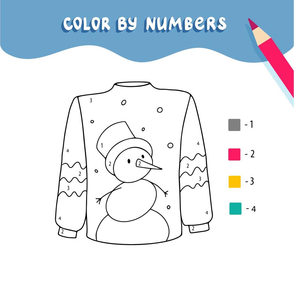 Coloring page with cute sweaters. Color by numbers. Educational kid game, drawing childrens activity, printable worksheet. vector