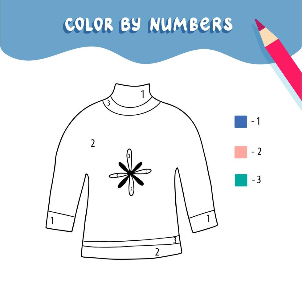 Coloring page with cute handdrawn sweaters. Color by numbers. Educational kid game, drawing childrens activity, printable worksheet. vector