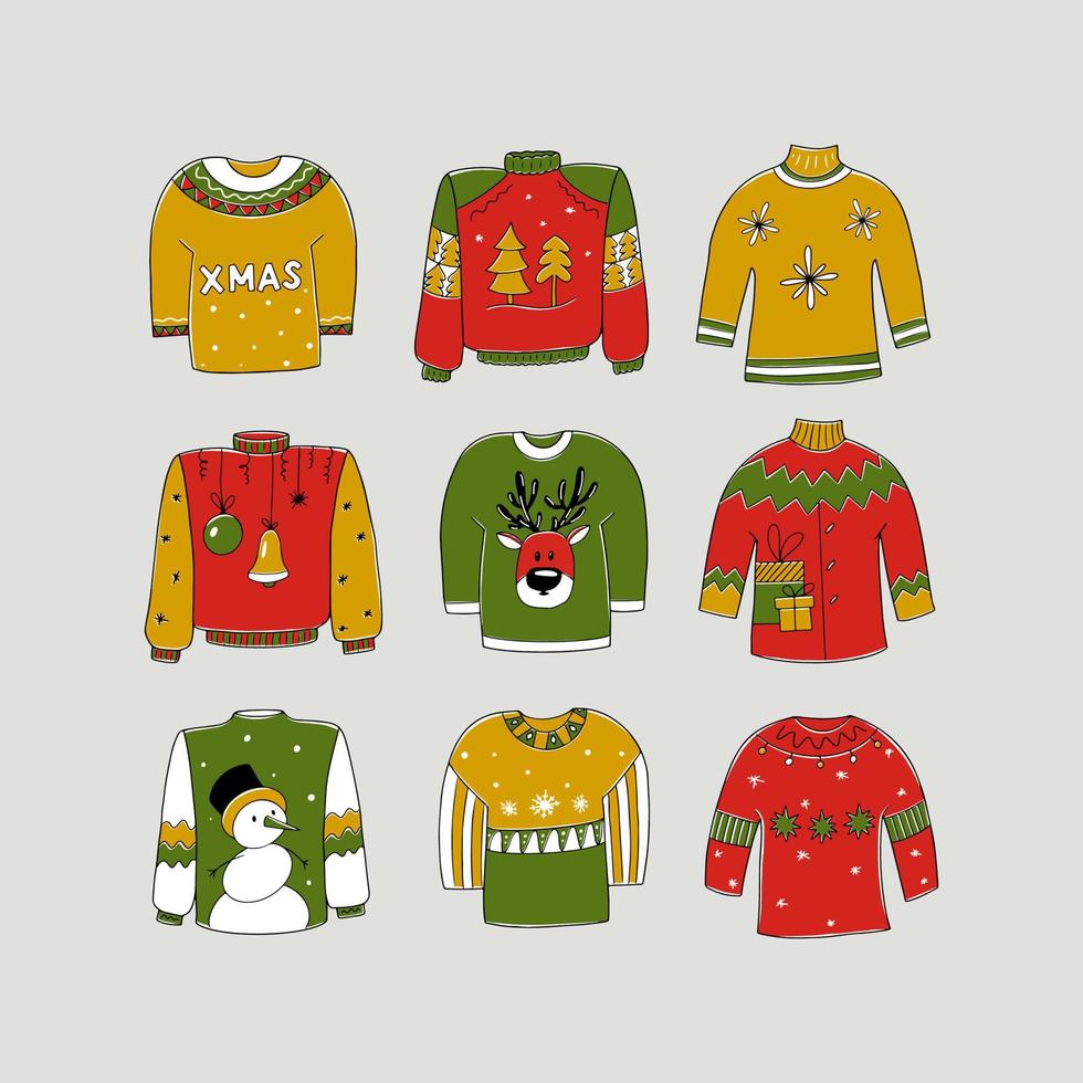 Ugly Christmas party sweater set, with elements isolated on white background. Vector illustration for holiday design