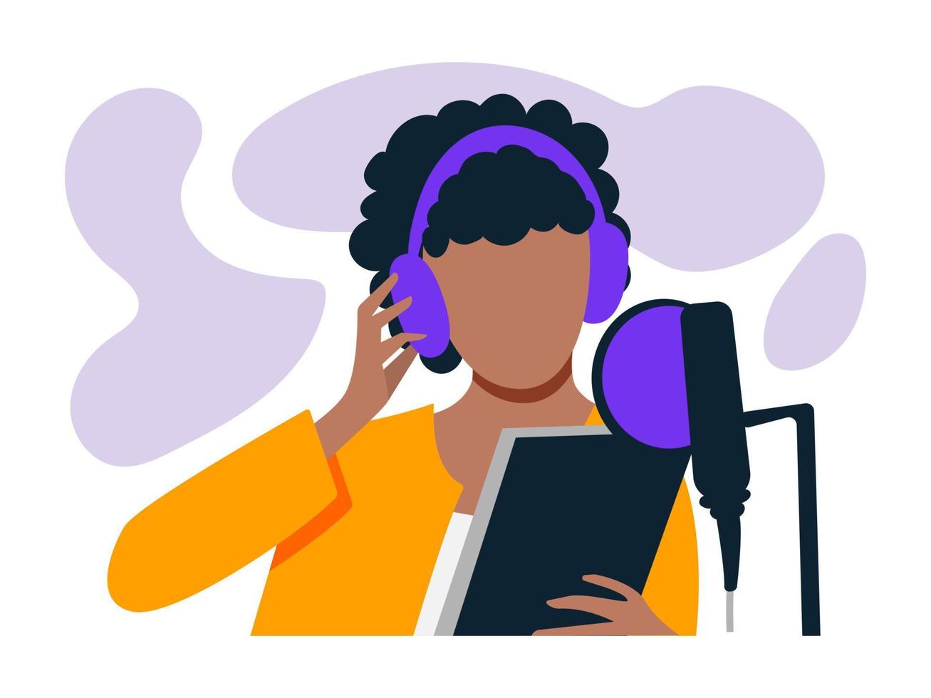 joven afroamericana está grabando un podcast. mujer negra con auriculares y micrófono, dibujada en un estilo plano. ilustración vectorial vector