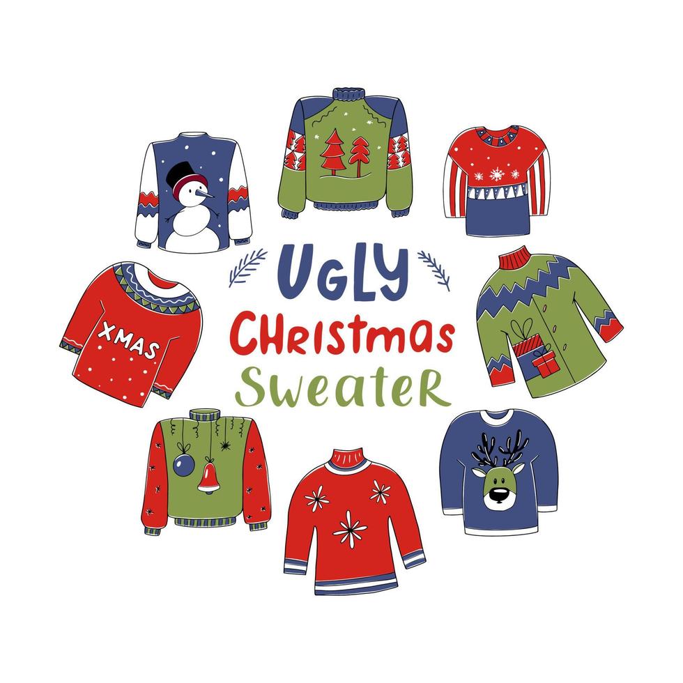 Ugly Christmas party sweater set, with lettering and elements isolated on white background. Vector illustration for holiday design