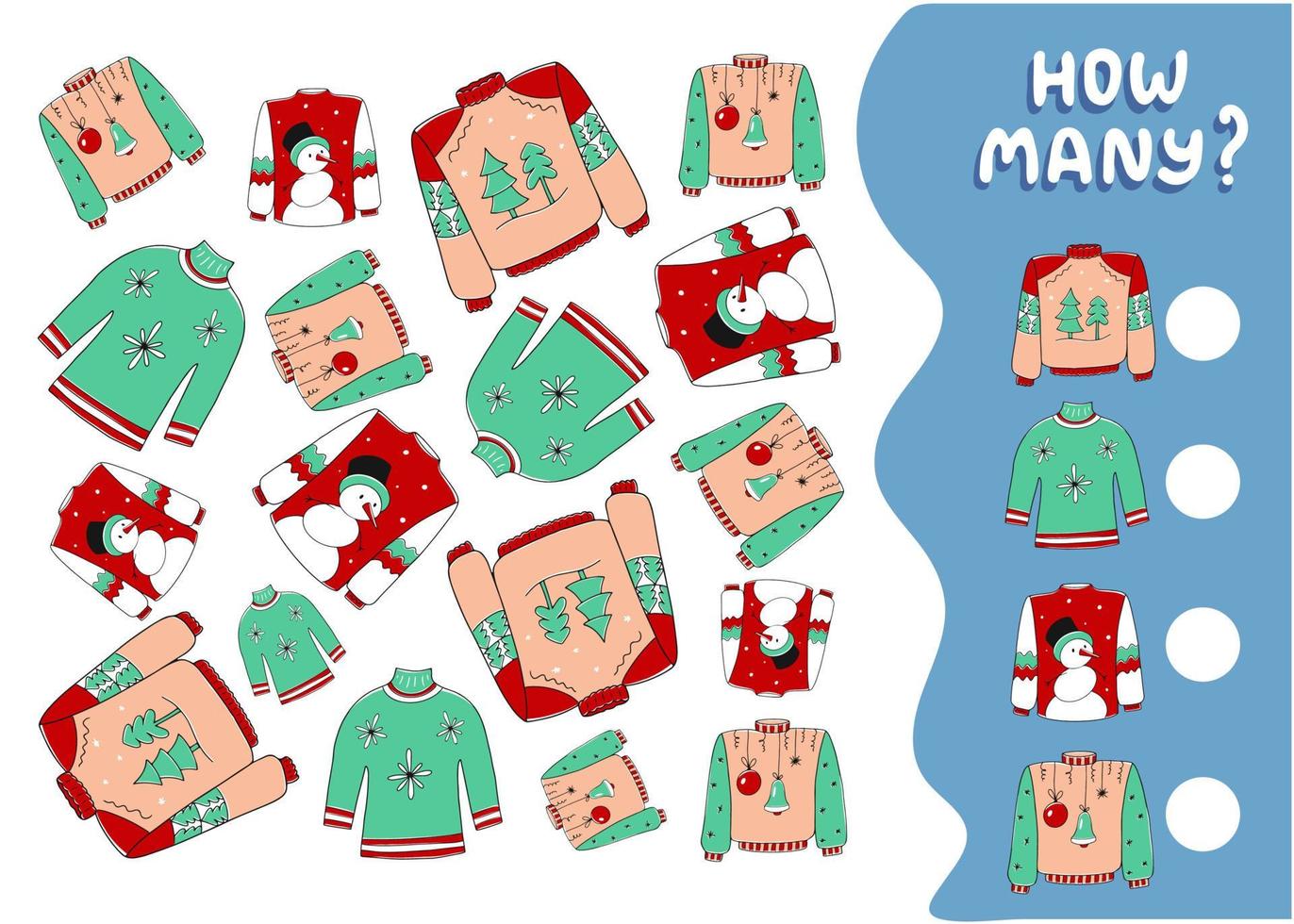 Counting educational game for preschool kids. Math children activity sheet. Count how many ugly Christmas sweater there are and write down the result. Vector illustration