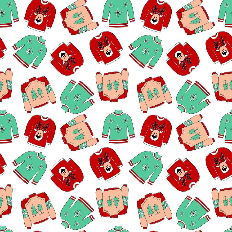 Seamless pattern with Christmas hand drawn sweaters. Ugly Christmas Party vector endless texture