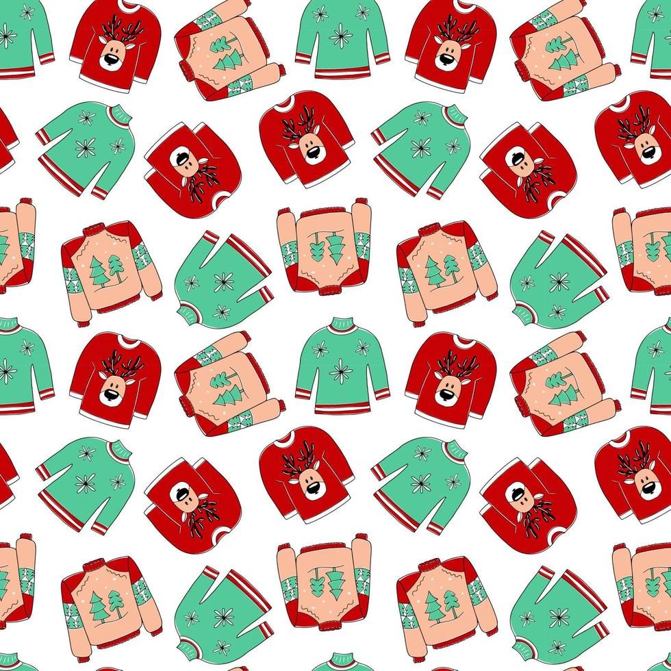 Seamless pattern with Christmas hand drawn sweaters. Ugly Christmas Party vector endless texture