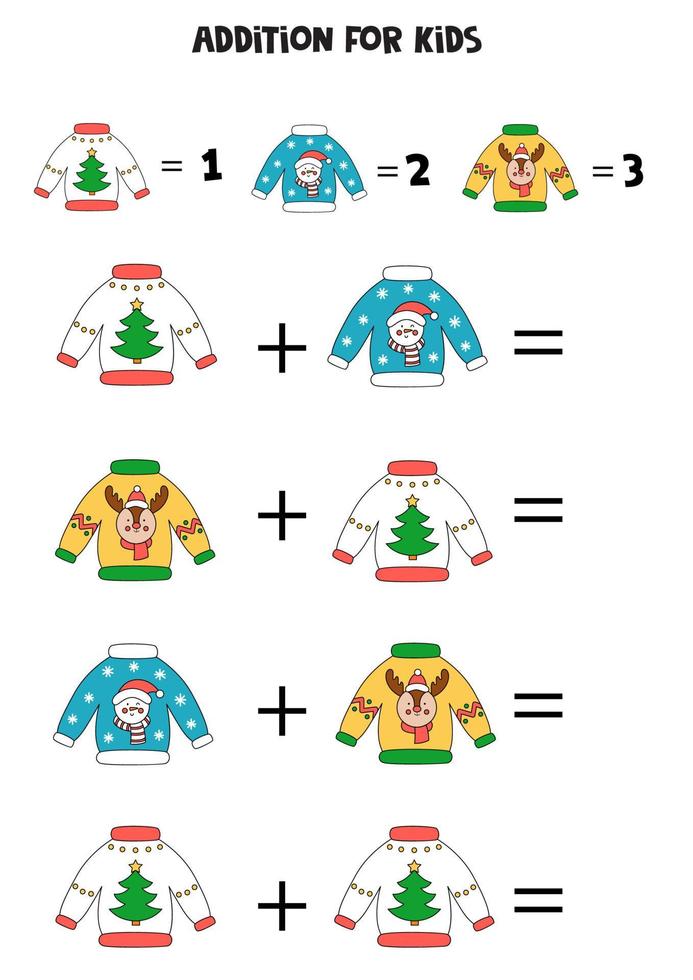 Addition for kids with cartoon Christmas ugly sweaters. vector