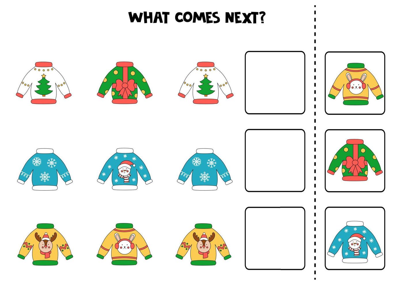 what comes nextWhat comes next game with ugly Christmas sweaters. Educational logical game for kids. vector