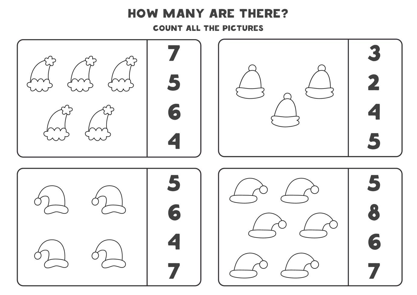 Counting game with Christmas hats. Educational worksheet. vector