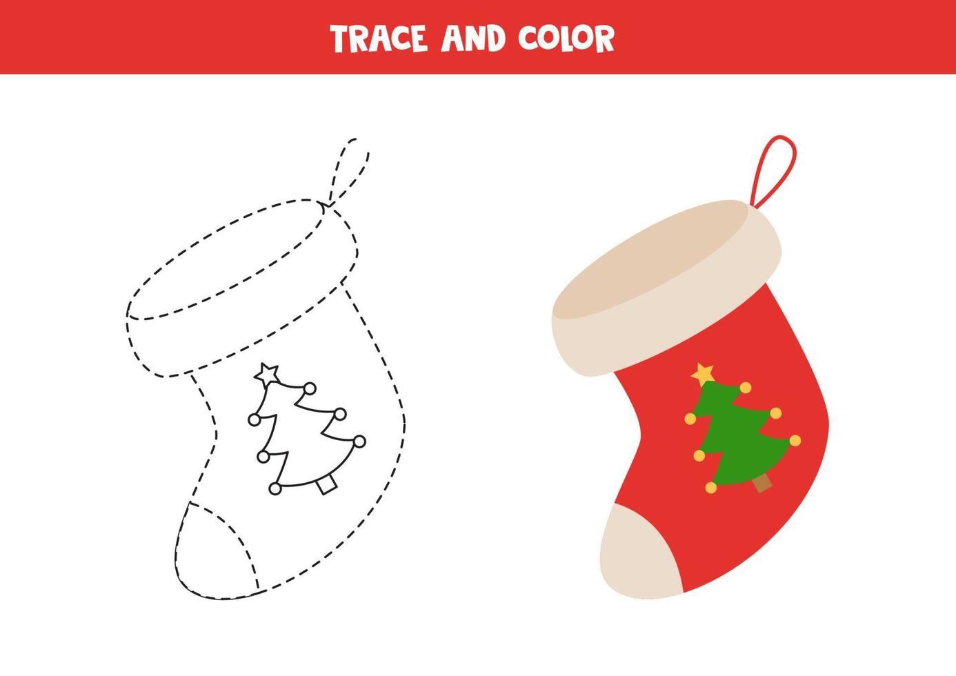 Trace and color cartoon Christmas sock. Worksheet for kids. vector