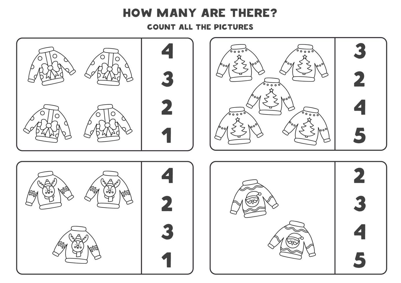 Counting game with Christmas sweaters. Educational worksheet. vector